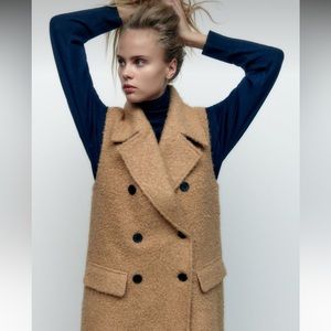 Zara long boule vest jacket top tan beige teddy medium